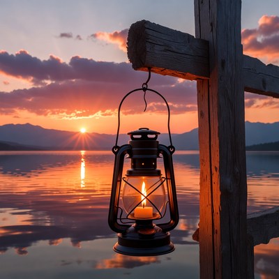 Lantern Hanging on Fence at Sunset Lake