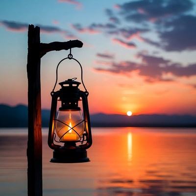 Lantern Hanging on Post at Sunset