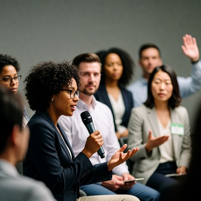 African-American woman speaking at conference