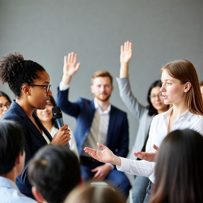 African-American woman speaking at diverse business meeting