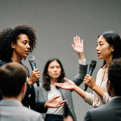 Diverse group discussing with microphones