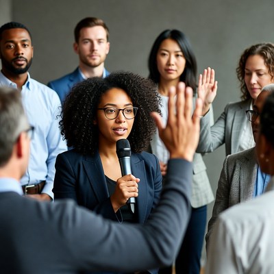African-American woman speaking at microphone