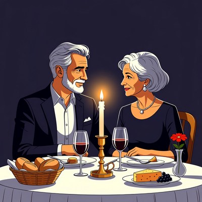 Elderly couple romantic candlelit dinner
