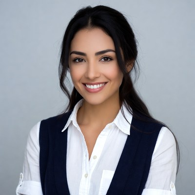 Smiling woman in white shirt navy vest