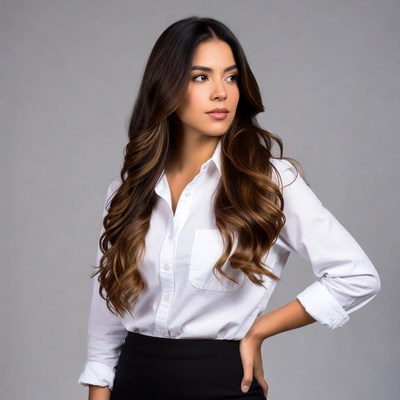 Latina woman in white shirt and black skirt