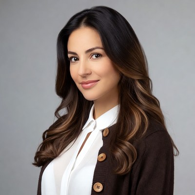 Smiling woman in white blouse and brown cardigan