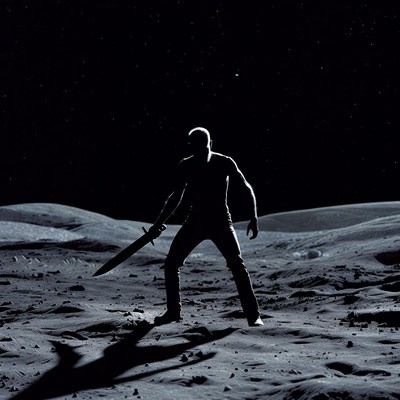 Silhouette man with sword on moon