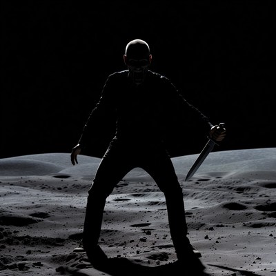 Silhouette man with knife on moon