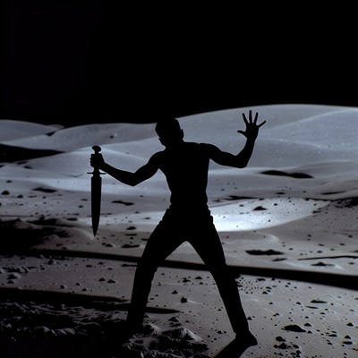 Silhouette man wielding sword in desert