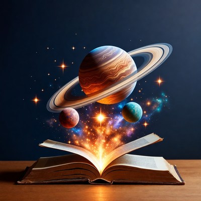 Open Book with Planets and Stars