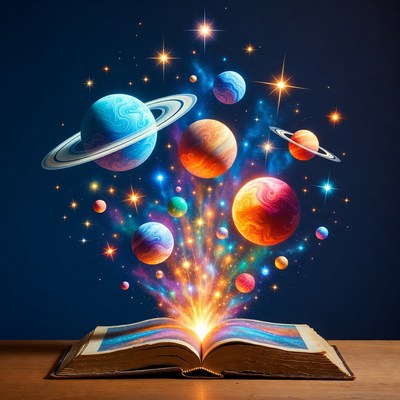 Open Book Releasing Colorful Planets