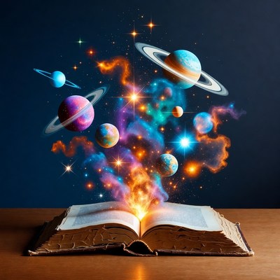 Open book releasing colorful planets
