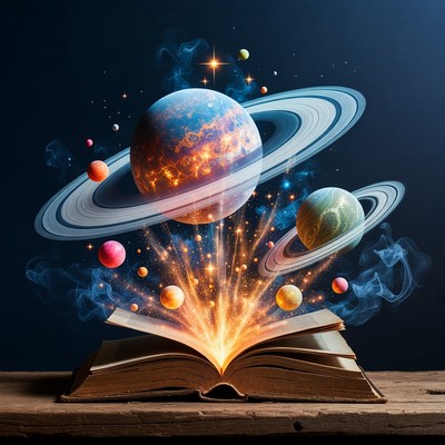 Open Book Exploding with Planets
