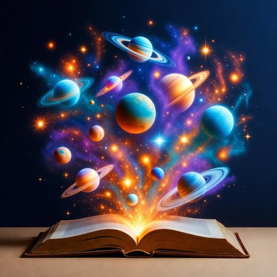 Open Book Exploding with Planets