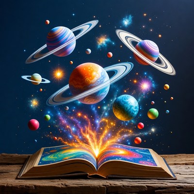 Open Book Exploding with Colorful Planets