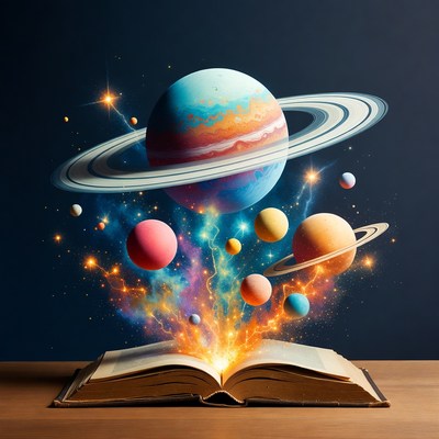 Open Book Exploding with Colorful Planets