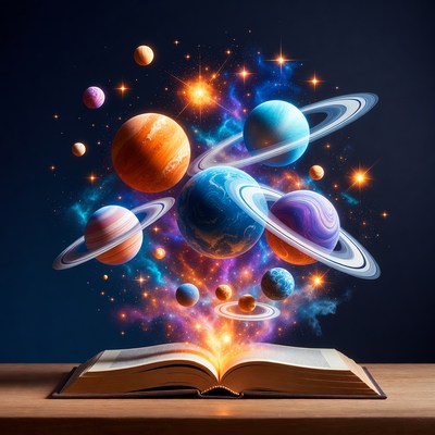 Open book releasing colorful planets