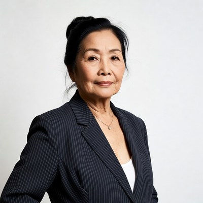 Asian woman in pinstripe suit