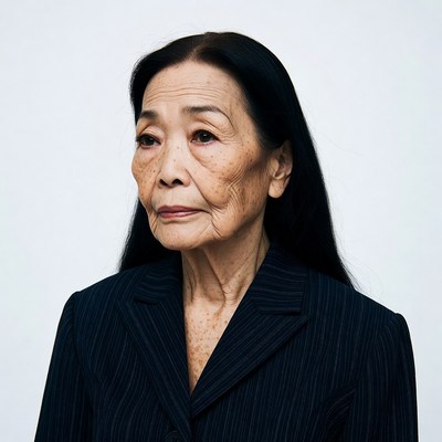 Elderly Asian woman in pinstripe suit