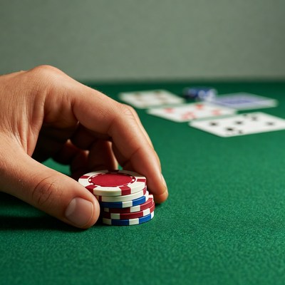 Hand holding poker chips on green table