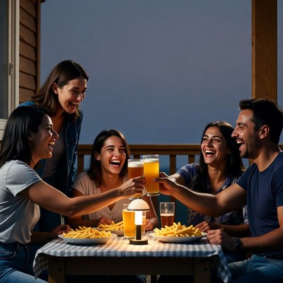 Group cheering with beers on deck