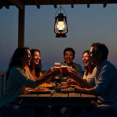 Group cheering with beers on patio