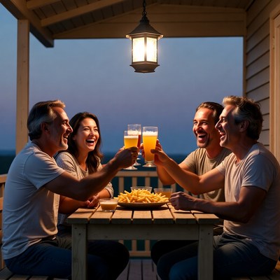 Group toasting beers on porch