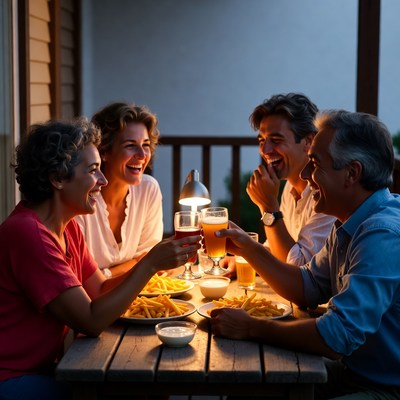 Family toasting beers on porch