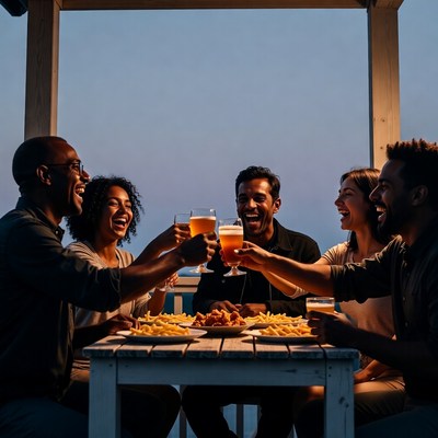 Diverse group toasting beers outdoors