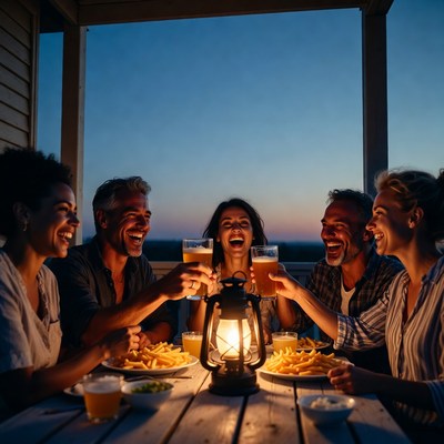 Group cheering with beer glasses at dusk