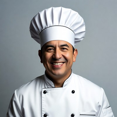 Smiling Latino chef in white uniform