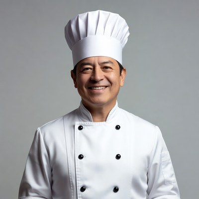 Smiling Asian chef in white uniform