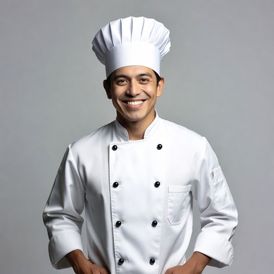 Smiling Latino chef in white uniform