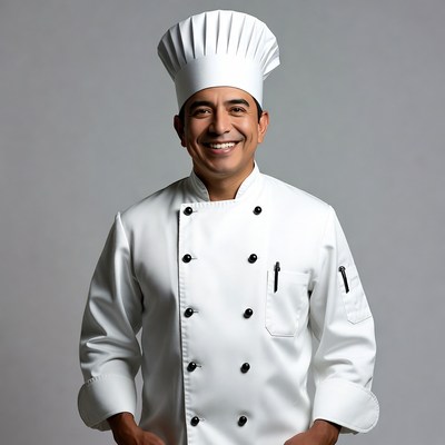Smiling Latino chef in white uniform