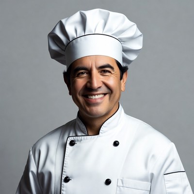 Smiling Latino chef in white uniform