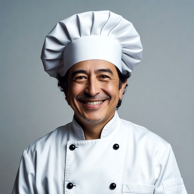 Smiling Latino chef in white uniform