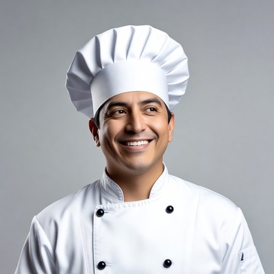Smiling Latino chef in white uniform