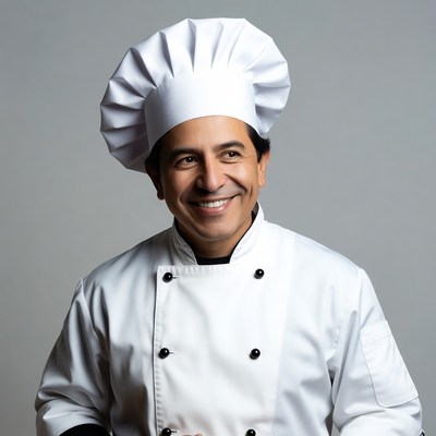 Smiling Latino chef in white uniform