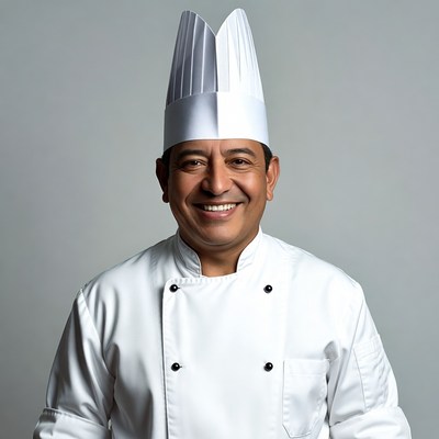 Smiling Latino chef in white uniform