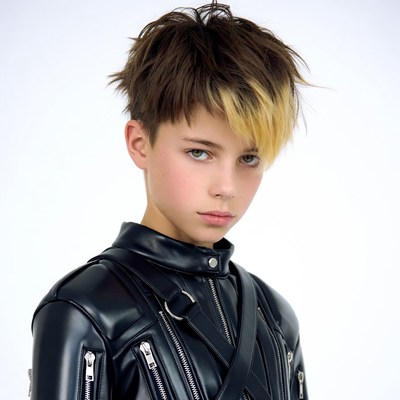Boy in black leather jacket