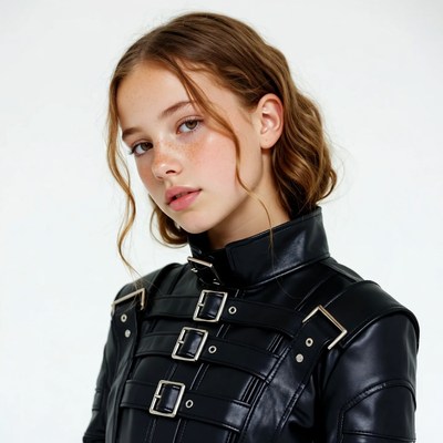 Teen girl in black leather jacket
