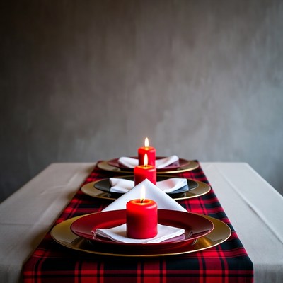 Red Candles on Plaid Table Setting
