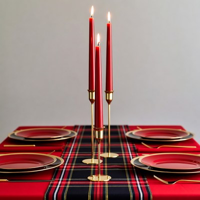 Red Candles on Plaid Table Setting