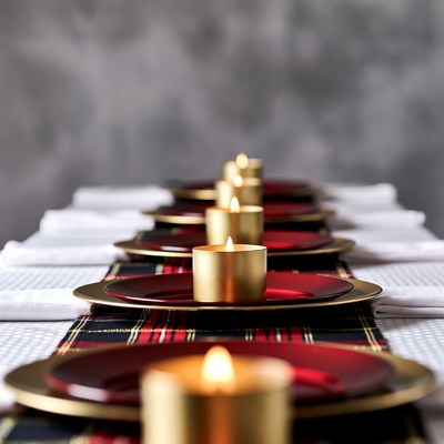 Elegant Table with Red Plates and Gold Candles