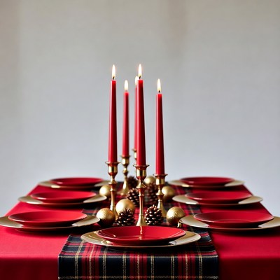 Red Candles on Christmas Dinner Table