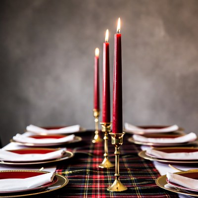 Red Candles on Plaid Table Setting