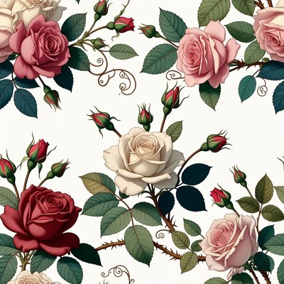 Pink White Roses with Buds Illustration