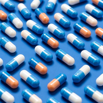 Colorful pills scattered on blue background