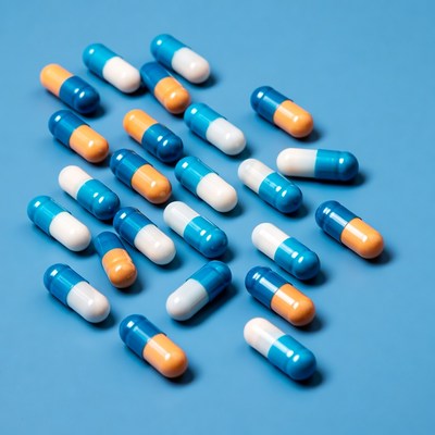 Colorful pills scattered on blue background