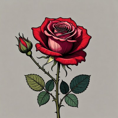 Red Rose with Bud Illustration